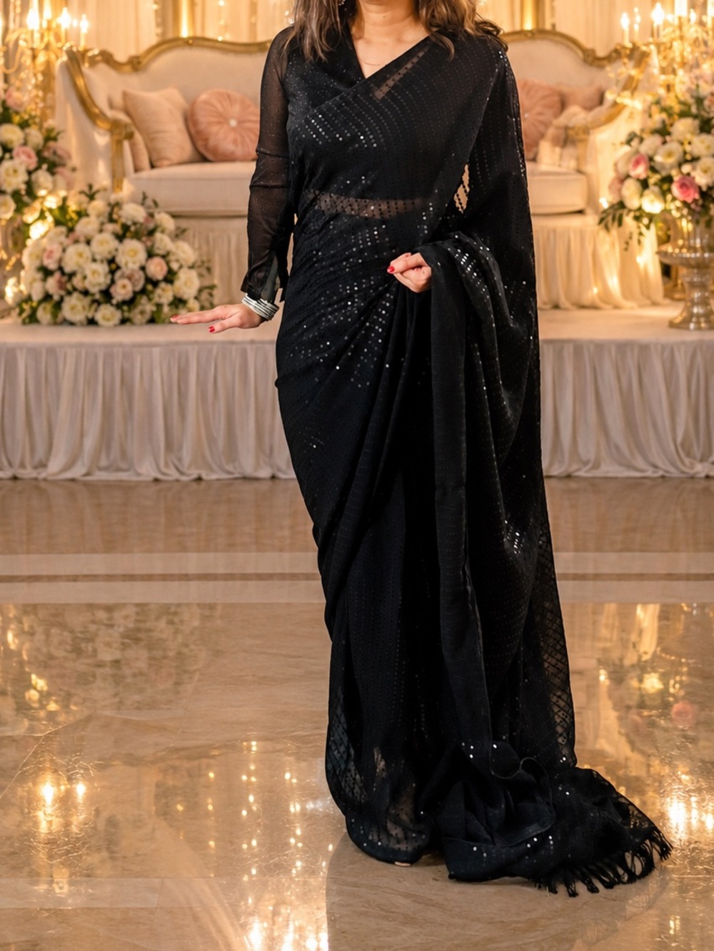 Black  pre drape One minute Sequin Saree - Elegant Evening Saree